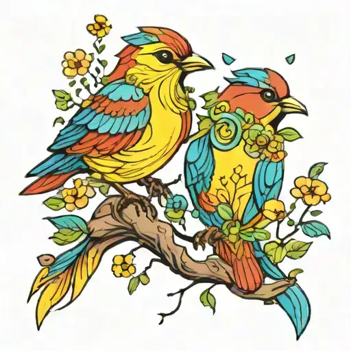 A whimsical design of 3 colorful birds perched on branches, each bird representing one of your kids, surrounded by vibrant flowers symbolizing the beauty and growth they bring into your life tattoo design idea