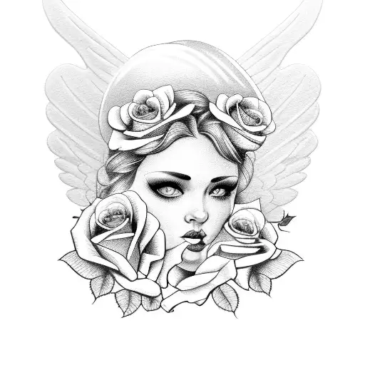 angel face with roses and a blade behind for right pec tattoo design idea