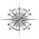 singular feathered arrow with half way. the compass has a semi colon at its centre and roman numerals at its edge. tattoo design idea