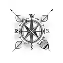 singular feathered arrow with half way. the compass has a semi colon at its centre and roman numerals at its edge. tattoo design idea