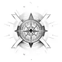 singular feathered arrow with half way. the compass has a semi colon at its centre and roman numerals at its edge. tattoo design idea