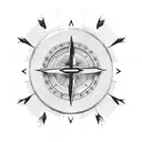 singular feathered arrow with half way. the compass has a semi colon at its centre and roman numerals at its edge. tattoo design idea