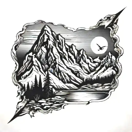 Majestic mountain landscape with a hidden Christian symbol incorporated tattoo design idea