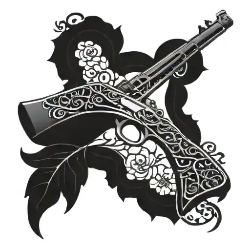 A blackwork tattoo of a hunting rifle intertwined with a flowering vine, with intricate knife blade patterns incorporated into the design tattoo design idea
