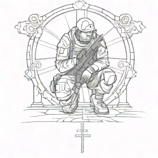 A sketch style tattoo of a soldier kneeling in prayer in front of a cross tattoo design idea