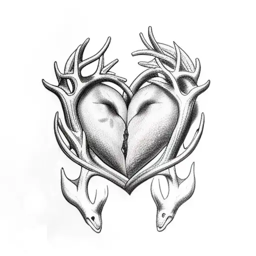 heart with deer antlers and dolphin tattoo design idea