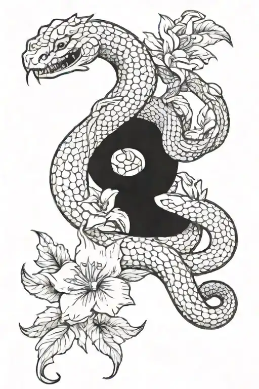 Snake and october and september birth flowers growing tattoo design idea
