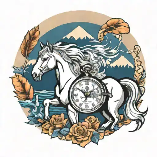 OCEAN MOUNTAINS HORSES FEATHERS AND TIMEPIECE tattoo design idea