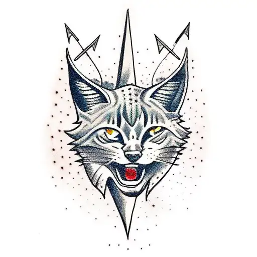 flash traditional lynx with dagger through head tattoo design idea