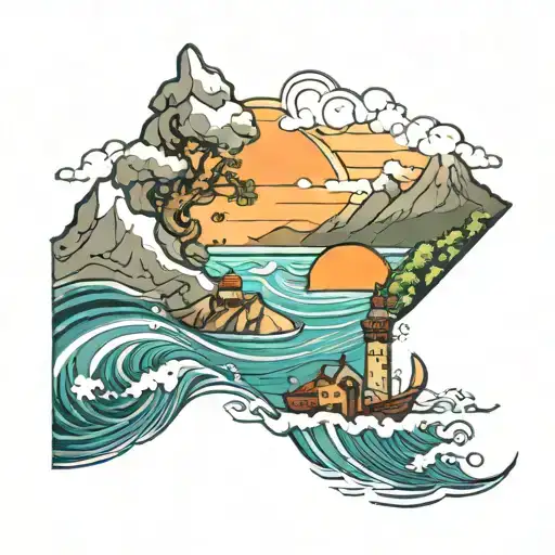 Imagine a modern tattoo with the theme of the ocean of the Basque Country and the mountains with the idea of ​​travel tattoo design idea
