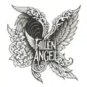 fallen angel name written tattoo design idea