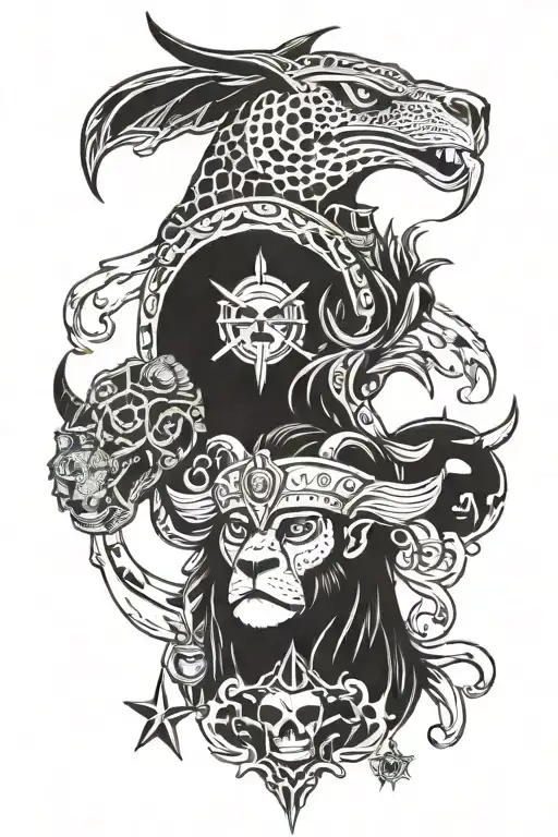 Trojan and hawk and jaguar and bee and Bull and penguin and pirates  tattoo design idea