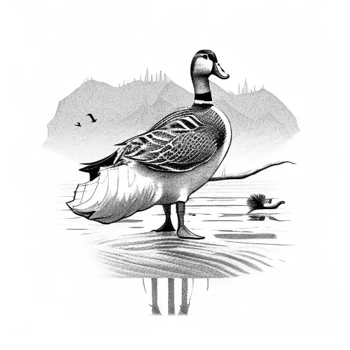 A skilled hunter tracking a majestic duck in a serene marshland tattoo design idea