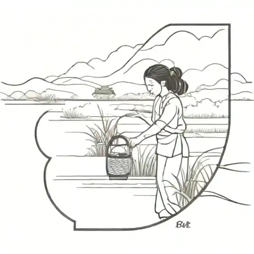 tattoo in a vietnames latern woman woriking ricefield river mountain fare away tattoo design idea
