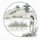 tattoo in a vietnames latern woman woriking ricefield river mountain fare away tattoo design idea