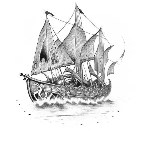 A surreal painting of a Viking longship sailing through a field of skulls tattoo design idea