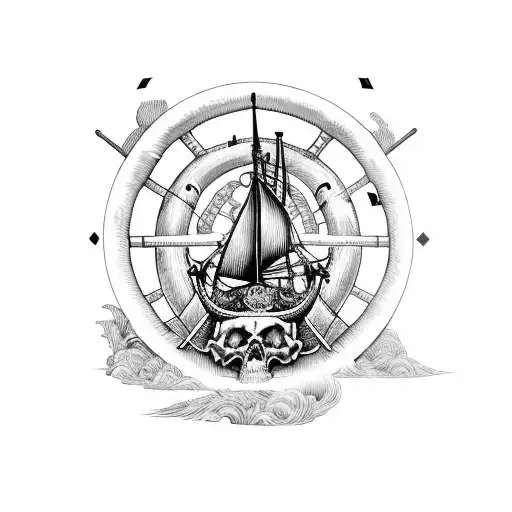 A surreal painting of a Viking longship sailing through a field of skulls tattoo design idea