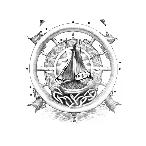 A surreal painting of a Viking longship sailing through a field of skulls tattoo design idea