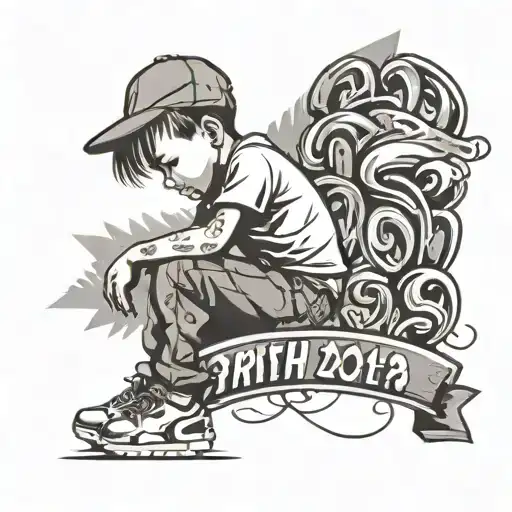 Design a tattoo of your child's birth date in a graffiti style font with a silhouette of a producer in the background tattoo design idea