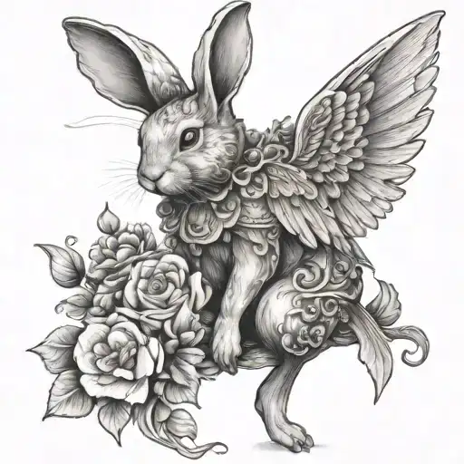 A bunny angel with wings made of flowers tattoo design idea