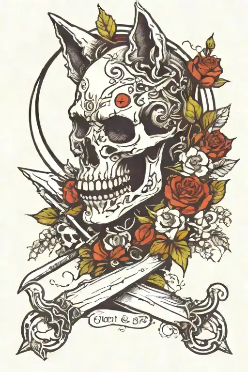 skull, wolf, moon phases, and knife intertwined tattoo design idea