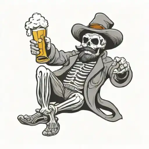 a living skeleton with a mustache and beard in a bathrobe and a beer in his hands against a background of smoke with the inscription "don't worry" tattoo design idea