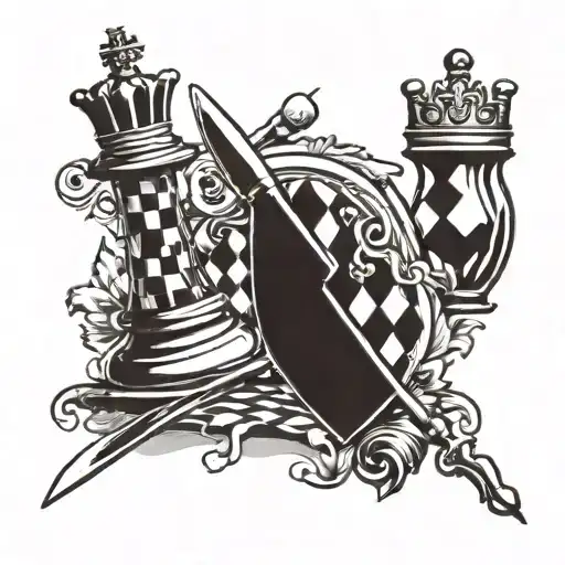 A culinary-inspired tattoo design featuring a chef's knife and a chess piece intertwined to represent your love for both cooking and chess tattoo design idea