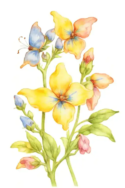 forget me not and yellow butterfly with stem and leaves tattoo design idea