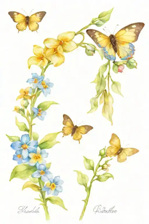 forget me not with stem and leaves and yellow butterfly tattoo design idea