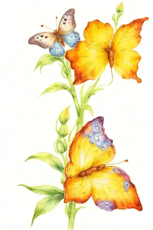 two forget me not flowers with stem and leaves and a yellow butterfly tattoo design idea