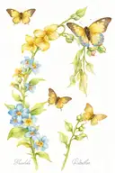 forget me not with stem and leaves and yellow butterfly tattoo design idea