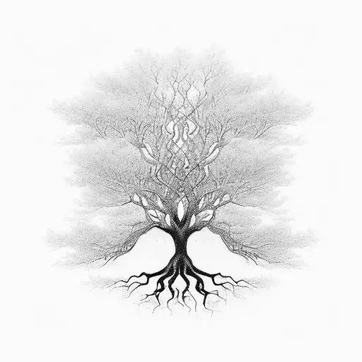 An intricate tree of life with binary code flowing through its branches tattoo design idea