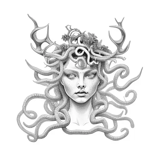 medusa above a girl with antlers on the forearm surrounded by eyes leaves and stars tattoo design idea