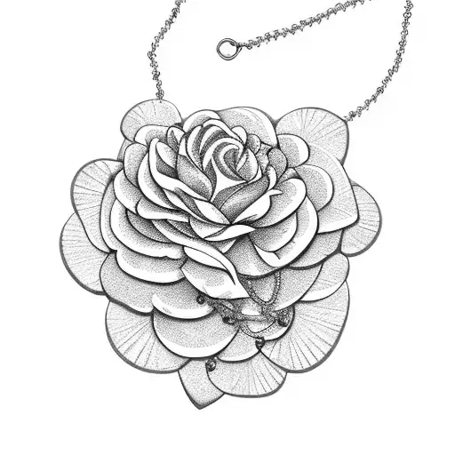 A detailed necklace made of peonies and roses intertwined with chains tattoo design idea