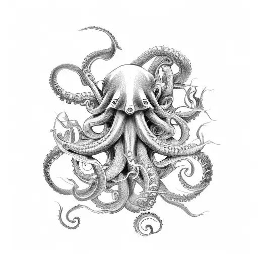 Design a dynamic and highly detailed tattoo featuring an immense octopus or kraken at the heart of a turbulent sea battl tattoo design idea