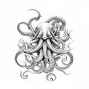 Design a dynamic and highly detailed tattoo featuring an immense octopus or kraken at the heart of a turbulent sea battl tattoo design idea