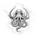 Design a dynamic and highly detailed tattoo featuring an immense octopus or kraken at the heart of a turbulent sea battl tattoo design idea