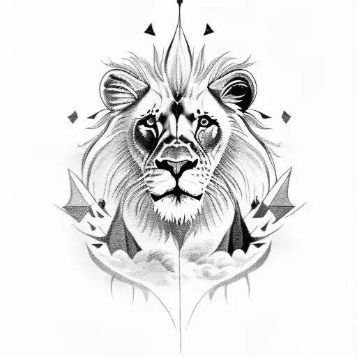 A majestic lion with scarface markings surrounded by a flock of phoenixes tattoo design idea