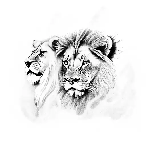 A majestic lion with scarface markings surrounded by phoenixes tattoo design idea
