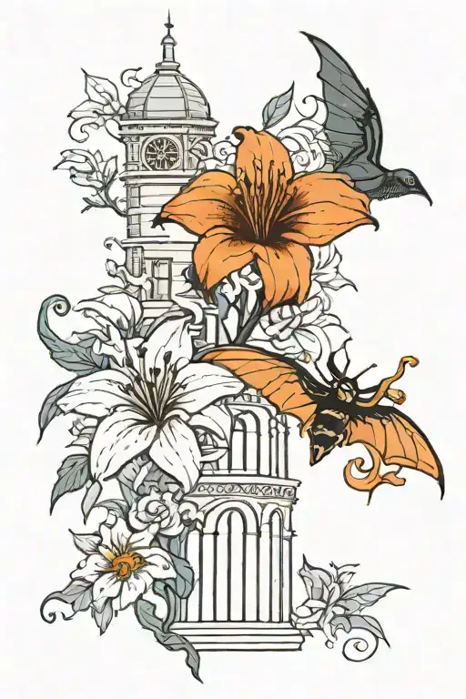 nightmare before christmas with black bat flower, daylily "Coit Tower", and twilight daylily  tattoo design idea