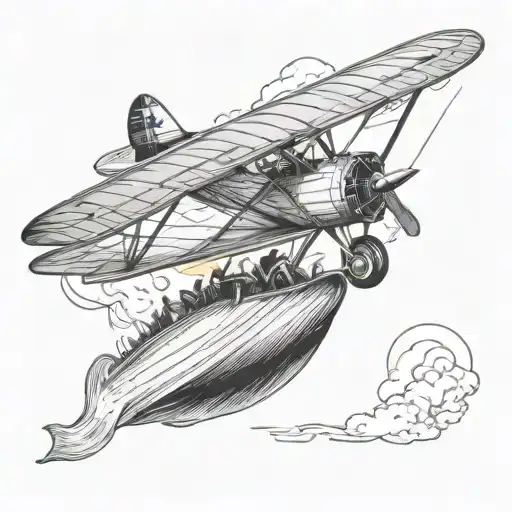 Canoe with two paddles. A Piper Cub plane flies overhead. tattoo design idea