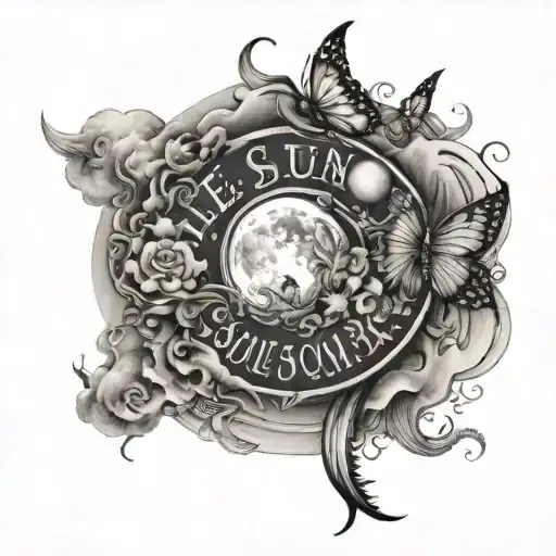 "let the sun warm your soul and let the moon ease your mind" quote down spine with clouds, suns,moons ,butterfly's   tattoo design idea