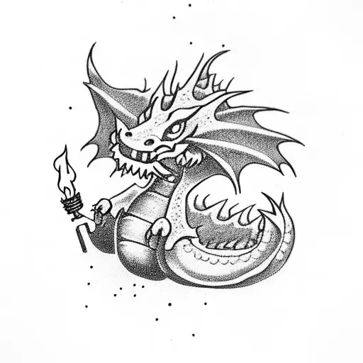 tiny cute cartoon dragon breathing a huge flame tattoo design idea