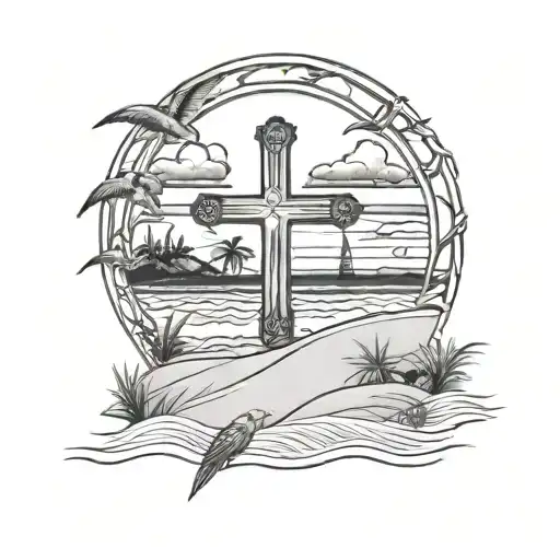 PLAGE DE SABLE. AU DESSUS DE CETTE PLAGE, IL YA UNE CROIX CHRETIENNE ET DES AILES D ANGE tattoo design idea