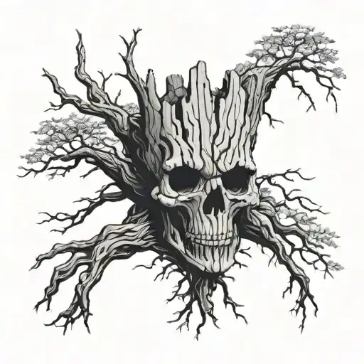 the real skull of groot from guardians of the galaxy with a tree growing. tattoo design idea