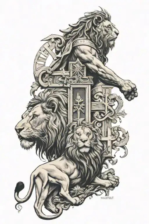 god and lion with three crosses of calvary hill include the words tattoo design idea