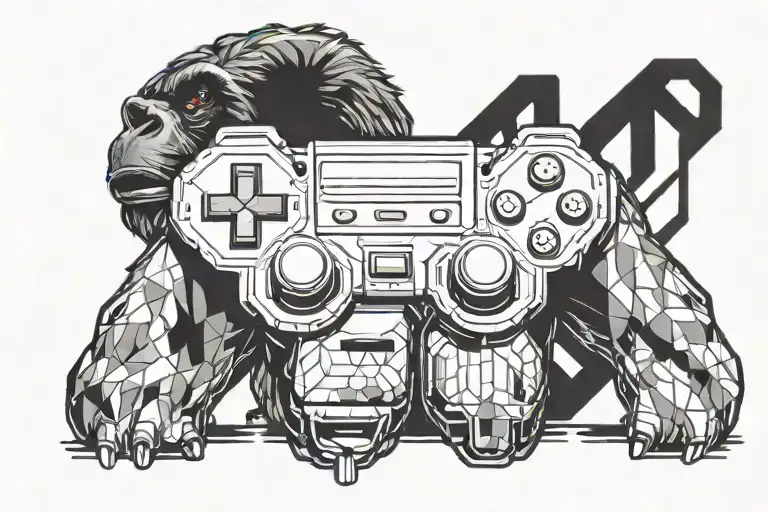 A futuristic gaming controller merging with a pixelated gorilla face tattoo design idea