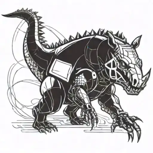 A futuristic cyborg crocodile battling a robotic rhino in a virtual reality gaming world tattoo design idea