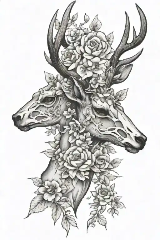 stag skull with flowers tattoo design idea
