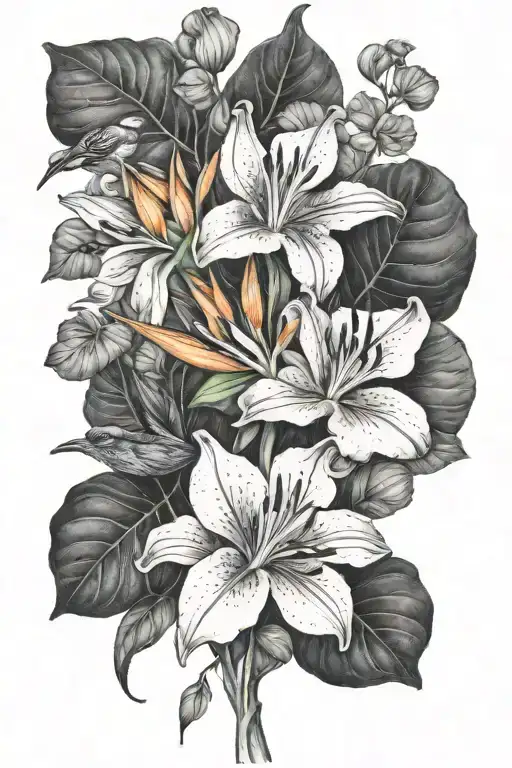 birds of paradise and nasturtium flowers drawn together tattoo design idea